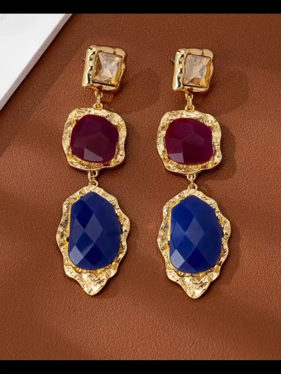 Gold-Tone Earrings with Purple & Blue Stones - Picture 4 of 6